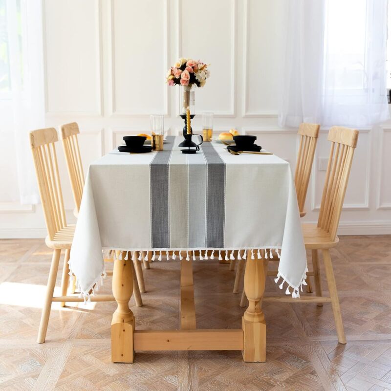 Graue Tischdecke, 110 x 170 cm, einteilig, mit Quasten, waschbare Tischdecke aus Baumwoll- und Leinenimitat, moderne minimalistische Tischdecke.