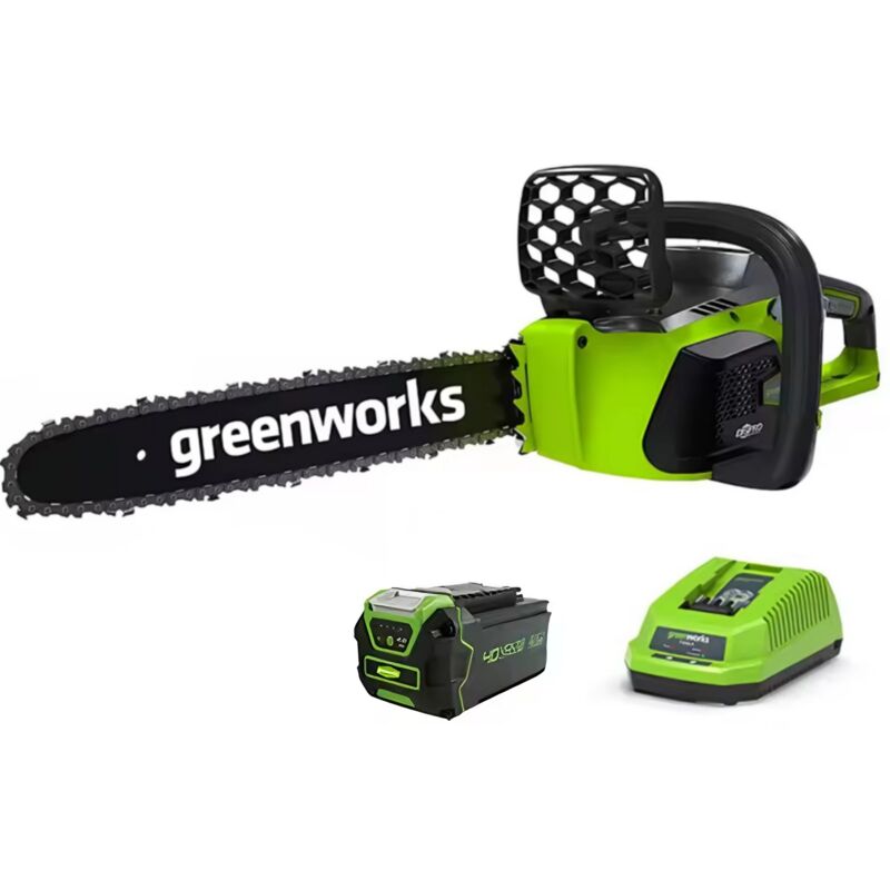 Greenworks 40V Kettensäge, 40cm, 12m/s, Bürstenloser Motor, 4Ah Akku + Ladegerät, Kohlenstoffkette 40V kabellose Kettensäge