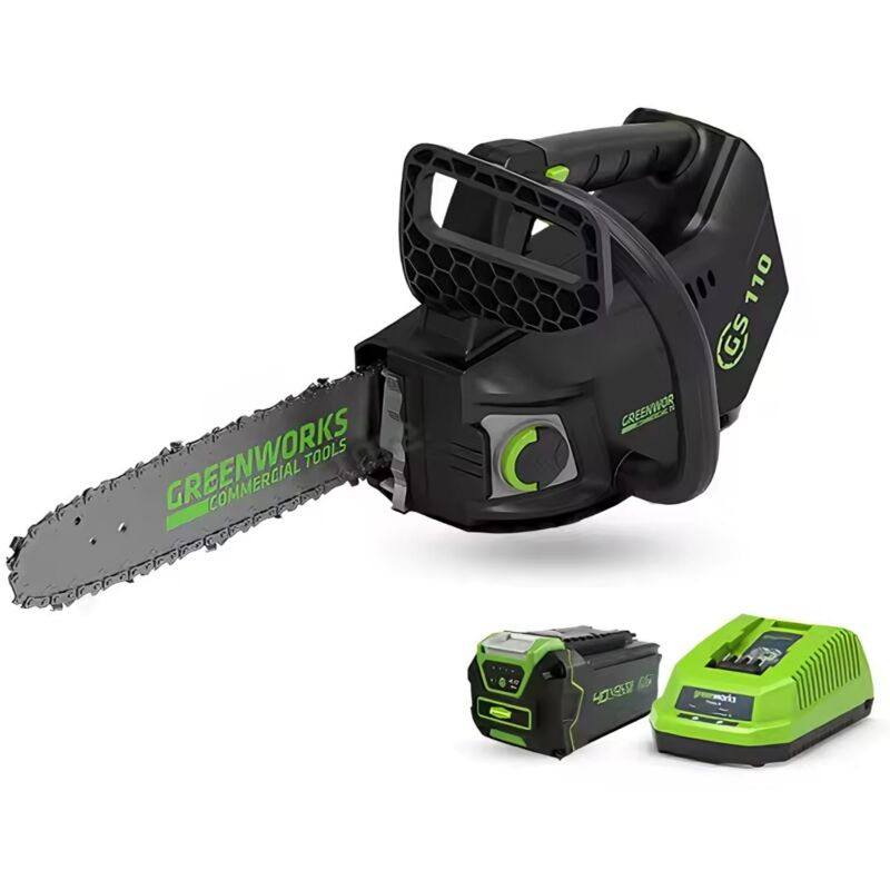 Greenworks 40V Kettensäge mit Obergriff, 25cm, 15m/s, Bürstenloser Motor, Einhandbedienung 40V Profi-Kettensäge für Garten