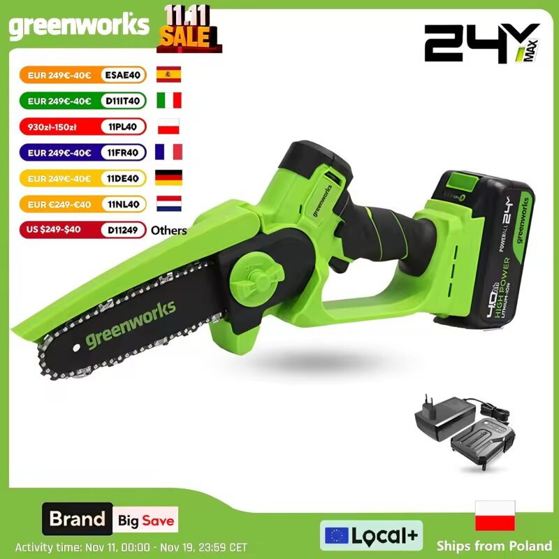 Greenworks Mini-Kettensäge 24V, 15cm, Bürstenloser Motor, 4,0Ah Akku + Ladegerät Handheld-Mini-Kettensäge kabellos
