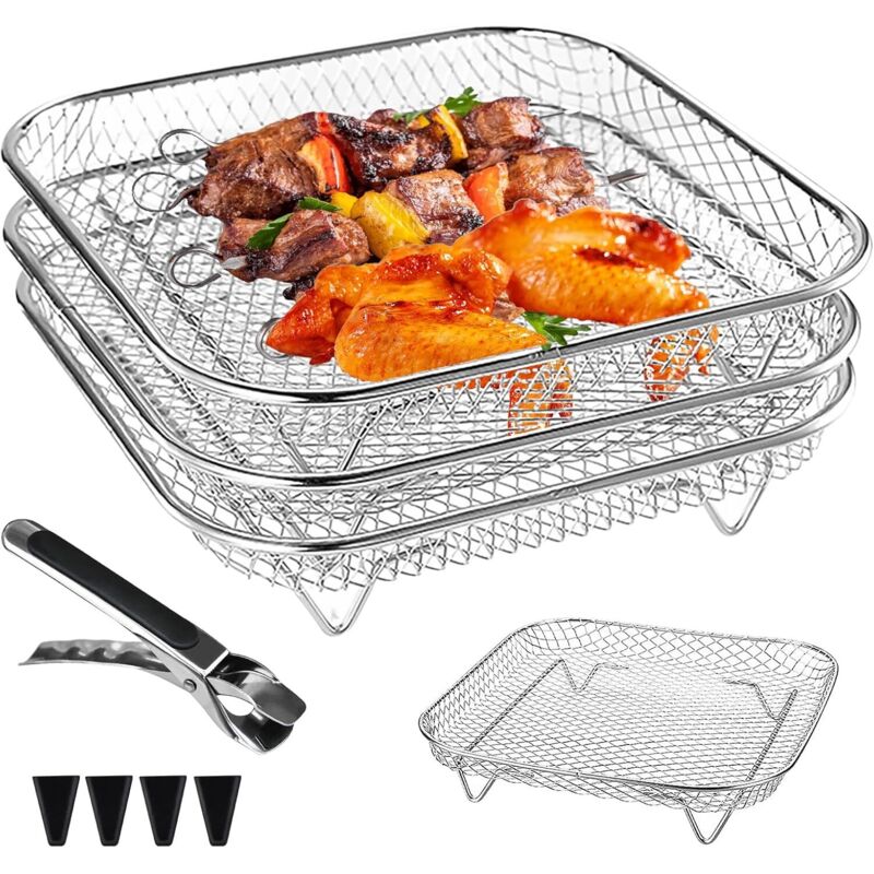 Grillrost für Heißluftfritteuse, Zubehör für Heißluftfritteuse (3-teilig), 3-stöckiger, stapelbarer Rost, ofenfest, quadratisch, Edelstahl, Grillrost