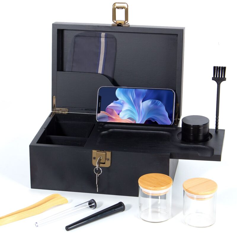 Große Bambusbox mit Schloss, Bambus Aufbewahrungskiste mit Grinder, Glasbehälter, abnehmbarem Tablett und Zubehör, Dekorative Aufbewahrungsbox für