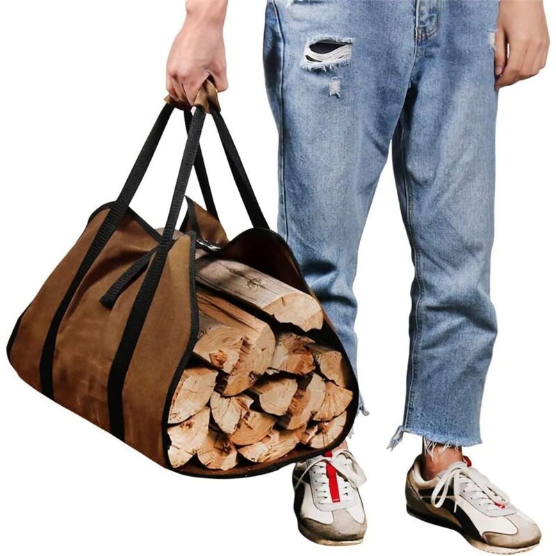 Große Kaminholz-Tragetasche, Canvas-Kaminholztasche, wasserabweisende Holzscheit-Tragetasche, faltbares Kaminzubehör, ideal für Holzöfen, Camping,