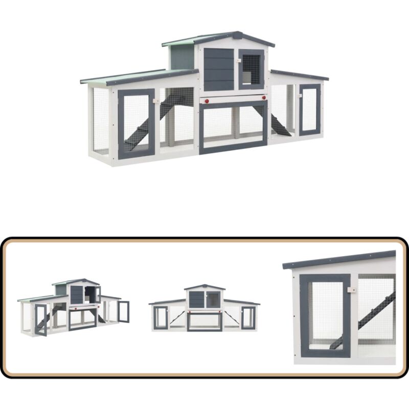 Großer Kaninchenstall Grau und Weiß 204x45x85 cm Holz - Holzhaus - Kaninchendrache - Kleintierstellplatz - Tiergehege - Kaninchenstall