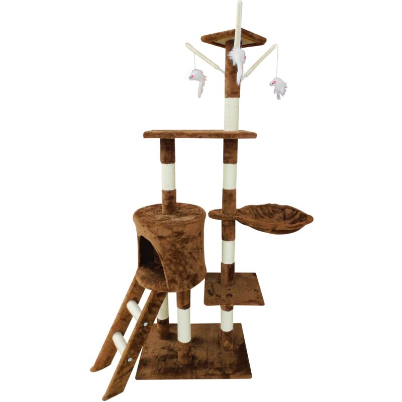 Großer Katzenkratzbaum für drinnen, XXL-Katzenbaum für ausgewachsene Katzen mit Kratzbaum, Hängematte, Sitz, Katzenbett und Hängekorb, Braun