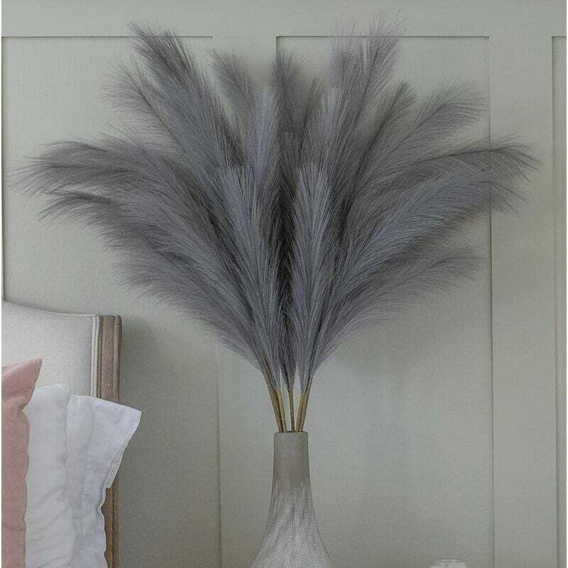 Großes graues Kunst-Pampasgras, 5 Stiele, extra flauschig, Kunstblumenstrauß mit 70 cm Federn, Wohnzimmer-Dekoration, Boho-Dekoration, große Vase,