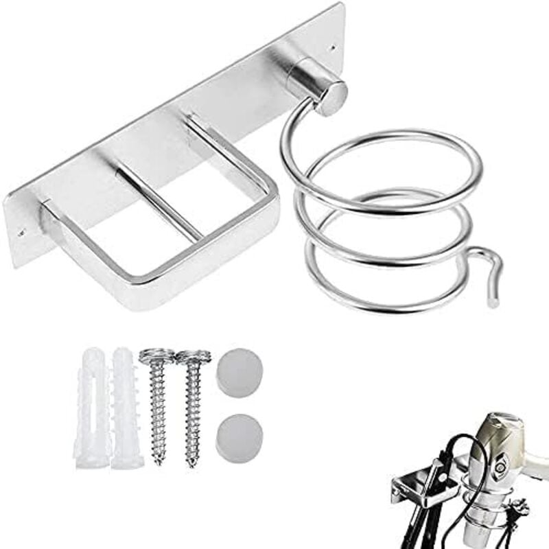 Haartrocknerhalter Haartrocknerstation Wandhalterung Kleiderbügel Halterung Föhn Spiralaufhänger Edelstahlkonstruktion Poliertes Silber Lagerregal p