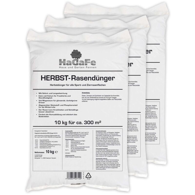 HaGaFe Herbstrasendünger, Herbst - Rasendünger, Kaliumdünger, Dünger, für Frosthärte und Standfestigkeit, mit Sofort.- und Langzeitwirkung