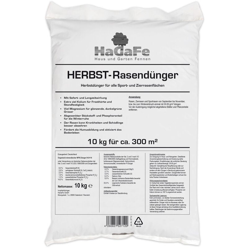 HaGaFe Herbstrasendünger Rasendünger Herbst Dünger 10kg (1 x 10 kg)