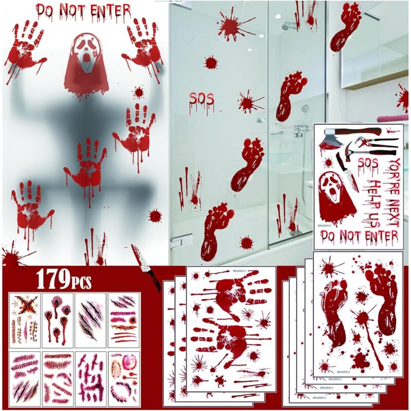 Bluedeer - Halloween Deko Fenster 179pcs für Halloween Deko Badewanne, Halloween Deko Kühlschrank, Halloween Deko tür Mit Wundtattoo Aufkleber für