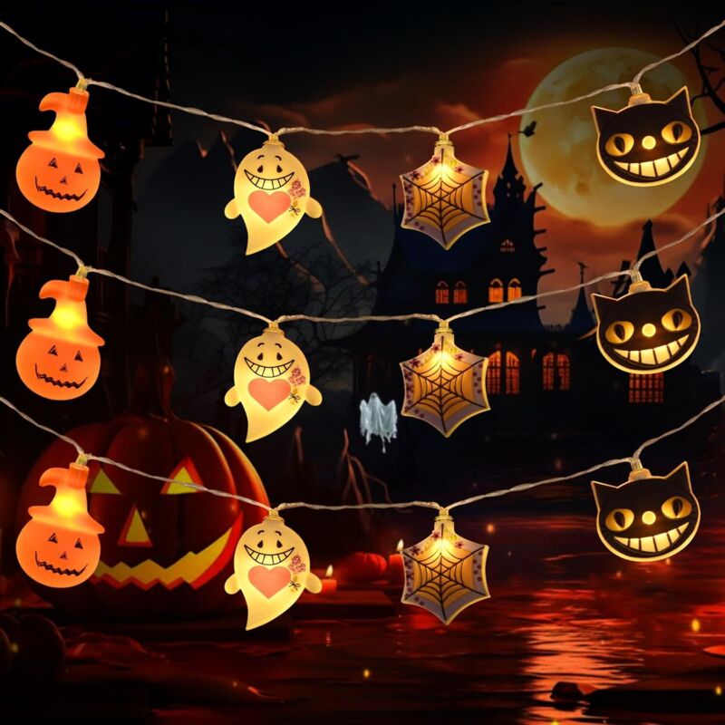 Halloween Deko Halloween Lichterkette 3 Meter 20 led, Halloween Kürbis Geist Spinnennetz Lichterkette Batteriebetrieben, Halloween Dekoration für