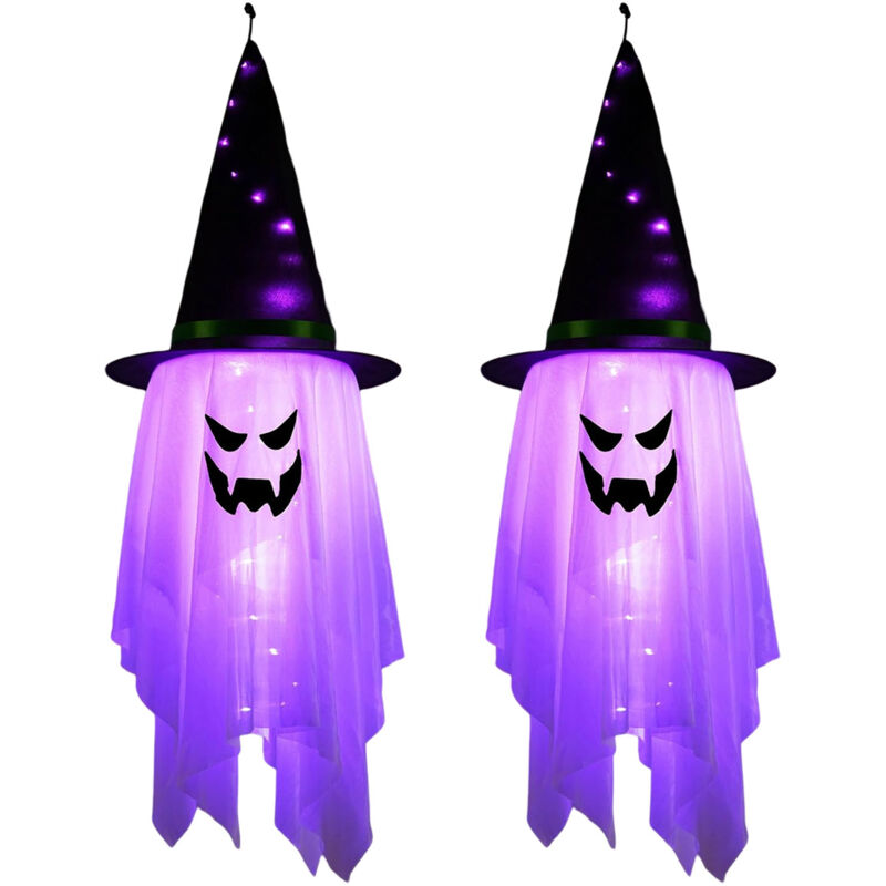 Halloween-Geistdekoration für Außen und Innen, 2 Stück Gruselige schwebende Geister mit LED, Halloween-Dekoration mit leuchtenden Hexenhüten,