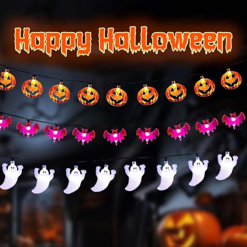 Halloween Lichterkette, 3 Stück 3 Meter 20 led Halloween Lichterkette Batterie, Kürbisse Lila Fledermäuse Weiße Geister Lichterkette für Außen Innen