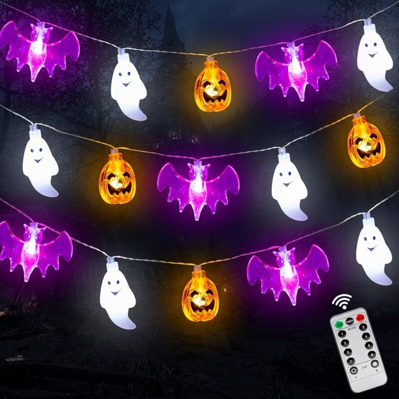 Halloween Lichterkette, 4.5M 30 led Halloween Deko Lichterkette Kürbis Fledermaus Geist Deko Licht Batteriebetriebene Lichterkette mit Timer, 8 Modes