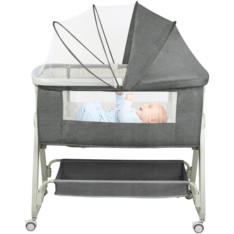 Haloyo® 4-in-1 Faltbar Beistellbett Baby, Babybett, 6 Höhenverstellbar Stubenwagen Baby mit Rollen,Kinderbett von 1 bis 36 Monaten, grau