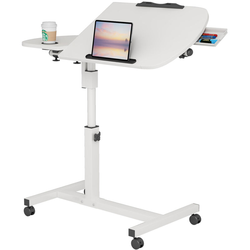 Haloyo - Computer-Schreibtisch mit Rollen, Bewegbarer Schreibtisch, Lerntisch für das Schlafzimmer, Nachttisch, Maße: 60x40x59-89cm, weiß