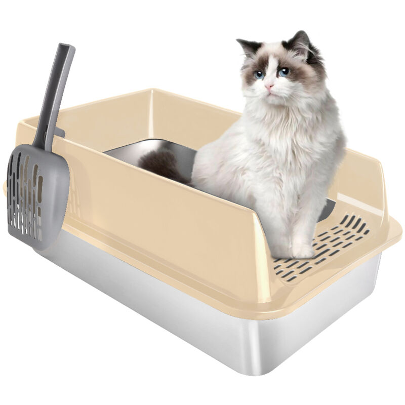 Haloyo® Faltbare Katzentoilette, Katzentoilette, Ausziehbare Katzenstreuschublade, Schaufel, 50x35x24cm, PP+Edelstahl, Khaki