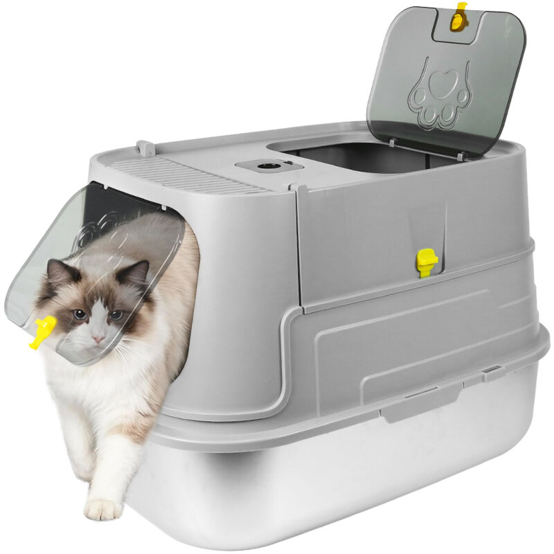 Haloyo® Katzentoilette Edelstahl mit Schaufel, Katzenklo mit Deckel & Edelstahl-Schublade, 48.5x36x39.5cm, grau