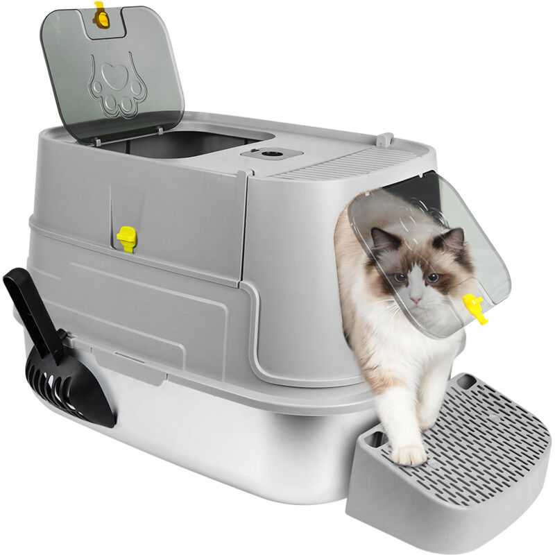 Haloyo® Katzentoilette Edelstahl mit Trittfläche & Schaufel, Katzenklo Edelstahl Edelstahl-Schublade, 48.5x36x39.5cm, grau