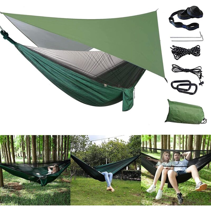 Outdoor-Hängematte, leichte, atmungsaktive Nylon-Doppelhängematte, Zoomarlous-Hängematte mit Moskitonetz und wasserdichter Zeltabdeckung, Wander- und