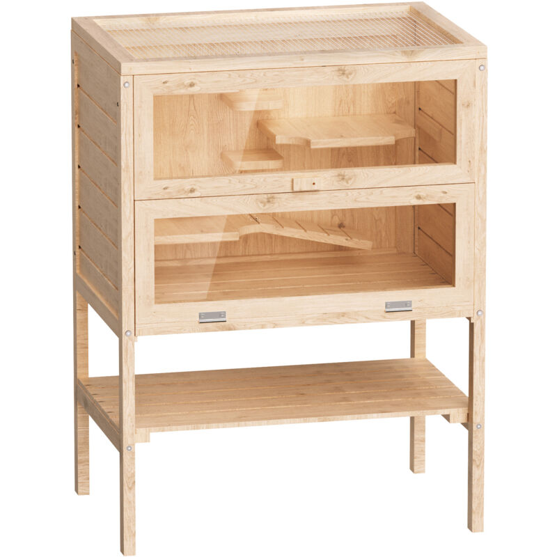 Wiltec - 3 Etagen Nagerkäfig, 600 x 400 x 800 mm, aus Holz, mit klappbarem Deckel & Sichtfenster, Kleintierhaus Mäusekäfig Hamsterkäfig