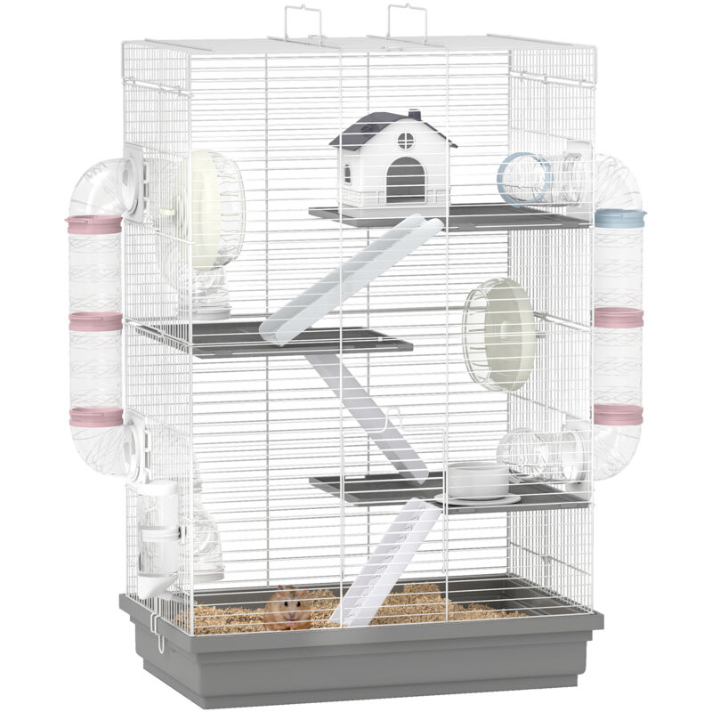 Hamsterkäfig mit 4 Ebenen und 16 Röhren, inklusive Häuschen, Rampe, Näpfen, Wasserbehälter und tropffreiem Auffangtablett, aus Metall und Kunststoff,