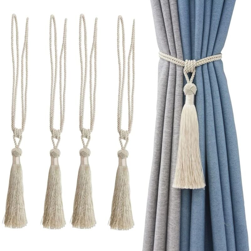 Handgefertigte Raffhalter aus Seil mit Quasten für Gardinen zur Dekoration von Wohn- oder Büroräumen (beige, 4 Stück)