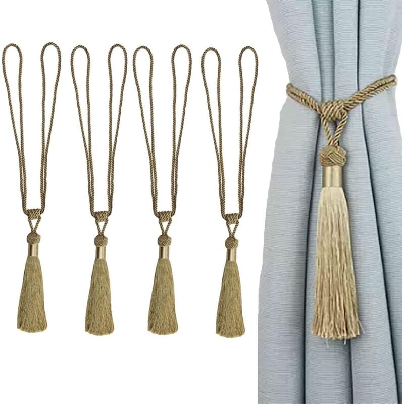 Handgefertigte Raffhalter aus Seil mit Quasten für Gardinen zur Dekoration von Wohn- oder Büroräumen (gold, 4)