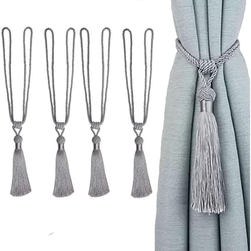 Handgefertigte Raffhalter aus Seil mit Quasten für Gardinen zur Dekoration von Wohn- oder Büroräumen (silber, 4 Stück)
