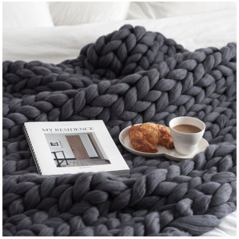 Handgewebte Decke Grobe Wollstrickdecke Decke 80100 (Dunkelgrau)
