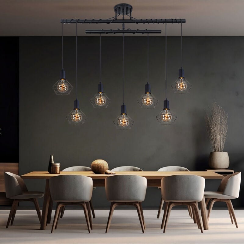 Hängelampe Pendelleuchte Modern Esszimmerleuchte Industriell schwarz Hängeleuchte Höhenverstellbar, Käfig Schirme, 7 Flammig E27, LxBxH 100x15x100 cm