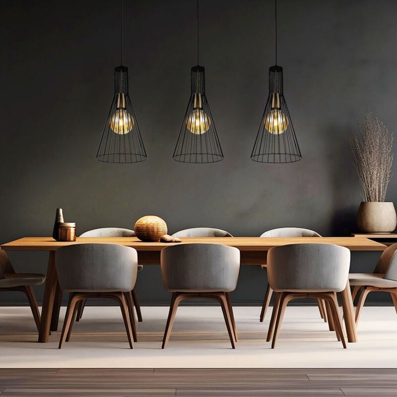 Hängelampe schwarz Pendelleuchte Esstischlampe Esszimmerlampe 3-flammig, Käfig-Design Industrial, Metall schwarz, 3x E27 Fassung, LxBxH 84x20x120 cm,