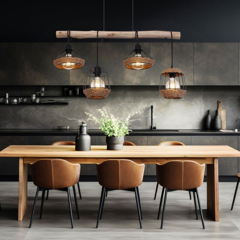 Hängeleuchte Holzbalken Hängelampe Hanfseil Retro Holz Käfig-Design Esszimmerlampe hängend 4 Flammig, Kabel schwarz, 4x E27, LxBxH 105x21x120 cm