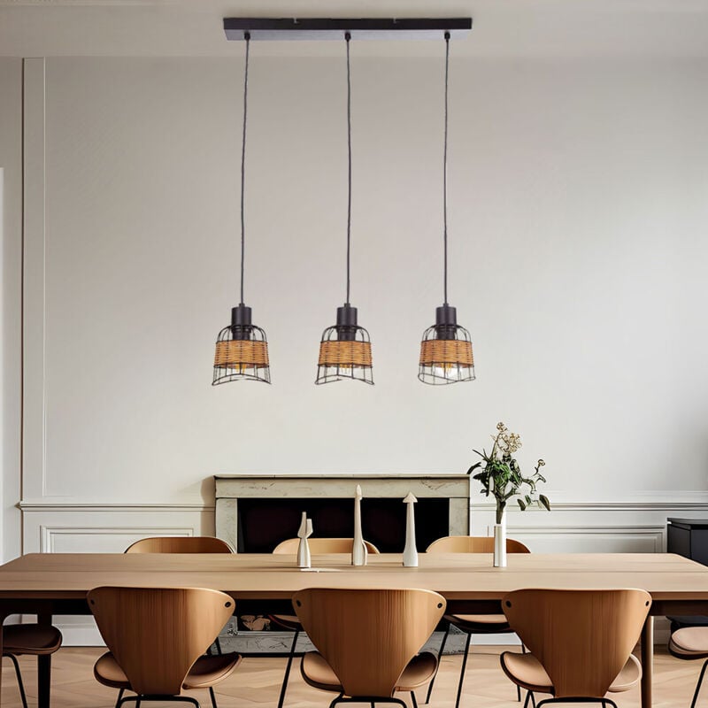 Hängeleuchte Pendellampe Käfig-Design Grasgeflecht 3-Flammig Esszimmerleuchte, Länge x Höhe 57 150 cm, Wohnzimmer Esszimmer