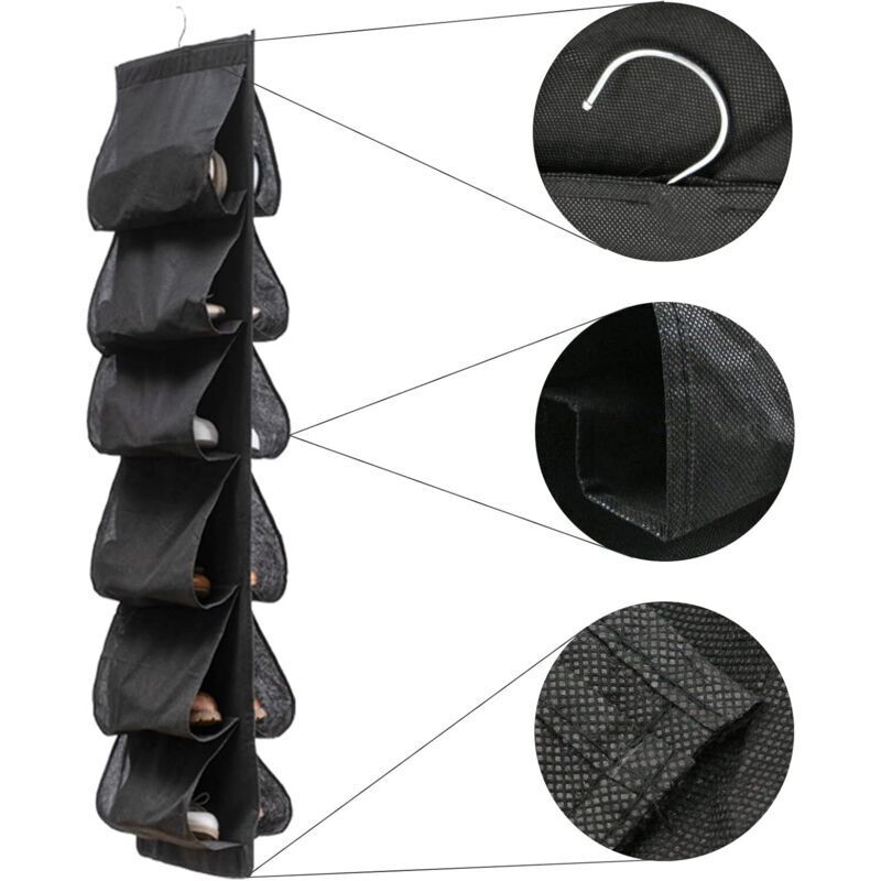 Hängender Schuh-Organizer zur Aufbewahrung hinter der Tür - 117 x 32 cm mit 12 Taschen, Tür-Organizer, Schuhregal zur Schuhaufbewahrung, Schwarz, 1