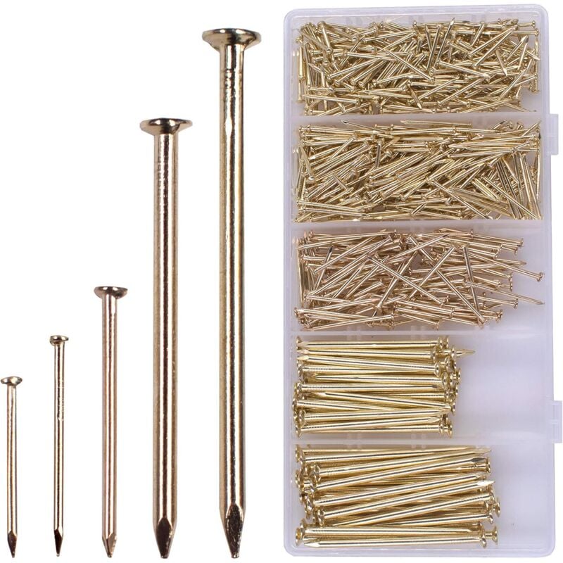 Hardware-Nagel-Sortiment-Set (560 Stück), vermessingte Nägel zum Aufhängen von Bildern und Holzwoking, 5 Größen Sortiment