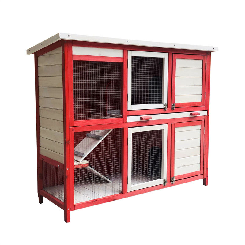 Wiltec Kaninchenstall rot weiß 1175 x 410 x 1000 mm, Hasenstall als Ergänzung für Freilauf, Kaninchenkäfig Hasenkäfig mit 4 Türen und Treppe
