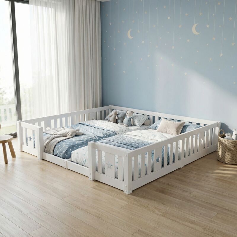 Hausbett 90x200 cm (2 Stück), Kinderbett, Bodenbett mit Rausfallschutz, Massivholz Kiefer, Sternmuster, Lattenrost nicht inklusive, Montessori-Stil,