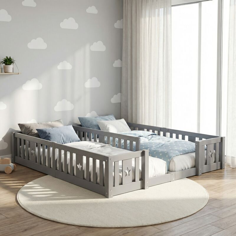Hausbett 90x200 cm (2 Stück), Kinderbett, Bodenbett mit Rausfallschutz und Lattenrost, Massivholz Kiefer, Sternmuster, Montessori-Stil, Grau