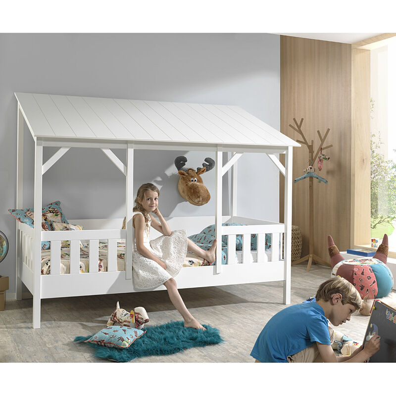 Hausbett für Kinder ALEXANDRIA-12 mit 90 x 200 cm Liegefläche, Dach in weiß - B/H/T: 214,2/174/105,3cm