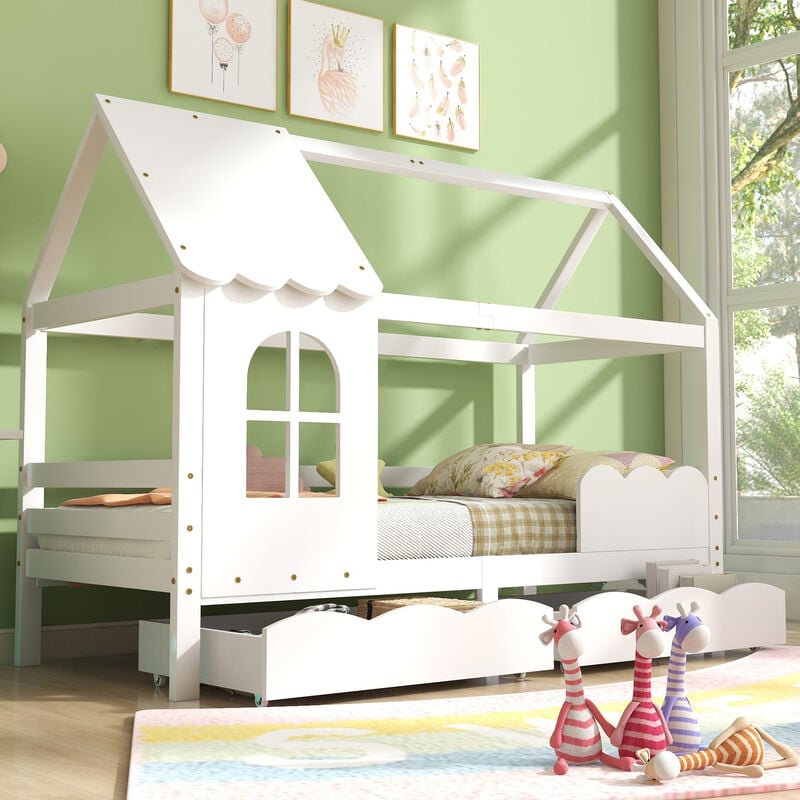Hausbett Kinderbett Jugendbett 200x90 mit Rausfallschutz£vielseitiges Holz Kinderbett f¨¹r Jungen & Mdchen, Wei Schubladen, Massivholz Kinder Bett