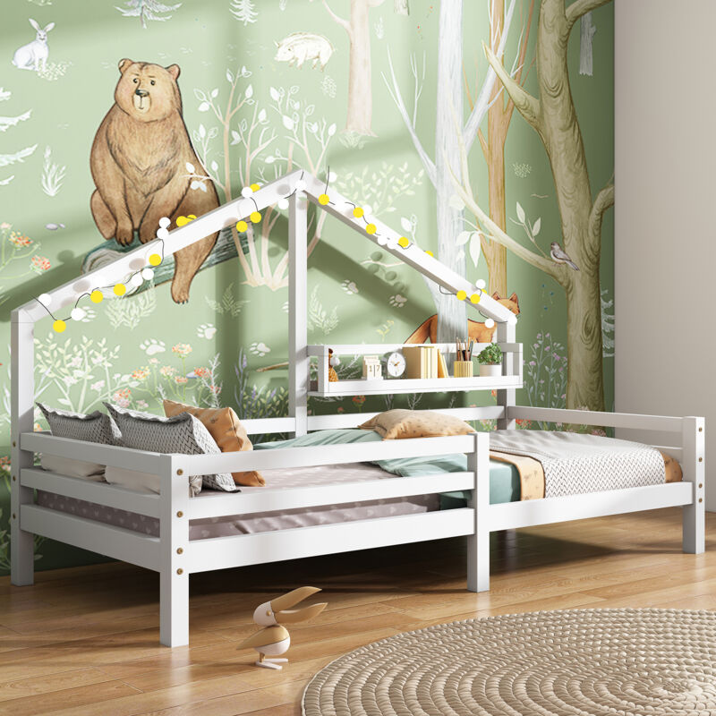 Hausbett Kinderbett mit Ablageregal Kaminform 90x200 Weiß Okwish