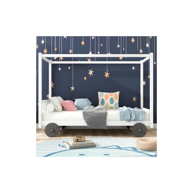 Hausbett, Kinderbett, Spielbett, Autobett, Kinderbett mit MDF-Rädern, kann mit Bettvorhängen ausgestattet werden, abnehmbarer Rahmen, Rahmen aus