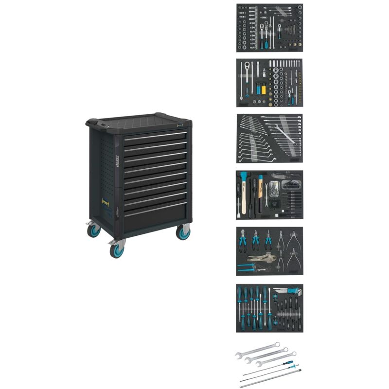Werkstattwagen Assistent, Schubladen, flach: 7 x 81 x 522 x 398 mm, Schubladen, hoch: 1 x 166 x 522 x 398 mm, Anzahl Werkzeuge: 264, Art.Nr. 179
