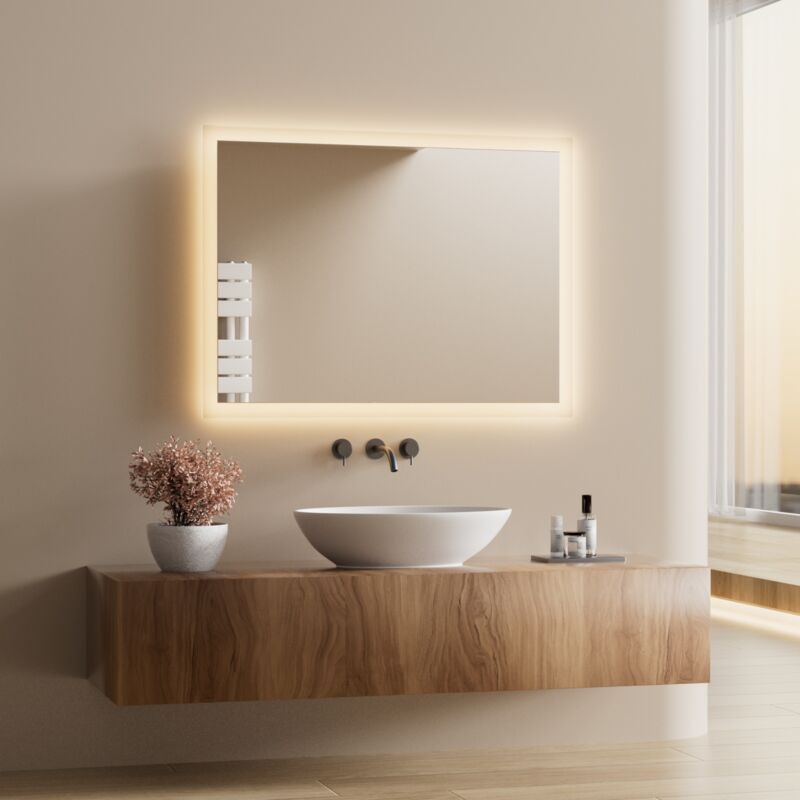 Heilmetz LED Badezimmerspiegel Badspiegel mit Beleuchtung IP44 Energiesparend Wandspiegel, 3000K Warm Licht Beleuchtung Wandschalter 60x80cm