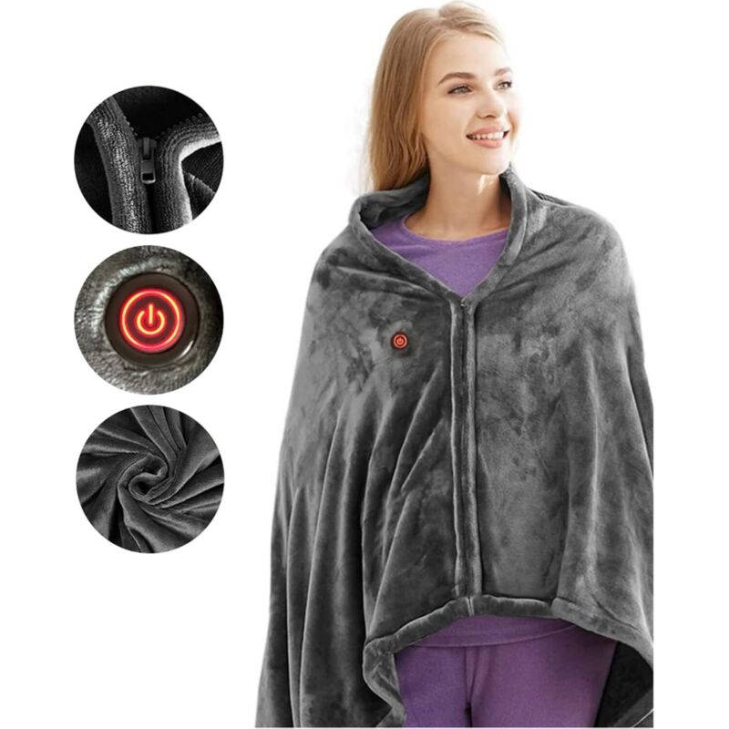 Heizdecke aus Plüsch, USB-betrieben, mit Reißverschluss, 3-stufige Temperaturregelung, tragbarer und tragbarer Schal/Poncho, geeignet für Schulter
