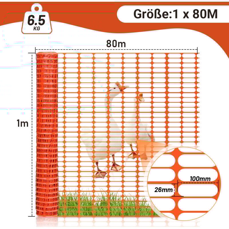 Swanew 1x80m Absperrzaun Bauzaun Warnnetz orange,Sicherheitszaun mobiles Netz, Kunststoff Fangzaun, Zaun flexibel Mobiler Zaun Hühnerzaun Geflügelzaun