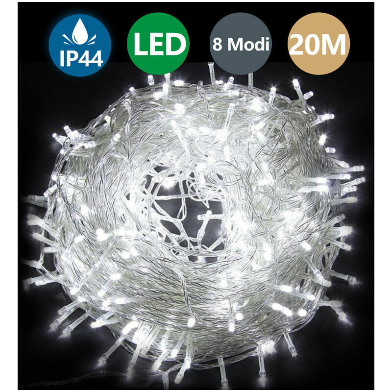 Hengda LED Lichterkette 20M 200 LEDs IP44 CREE WHITE 8 MODI LIGUALE IP44 Party Garten Innen Außen Dekoration Weihnachtsbeleuchtung - Kaltweiß