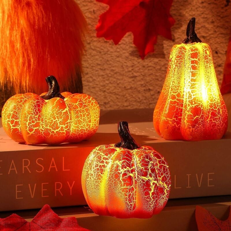 Bluedeer - Herbstdeko Kürbis Deko Figuren mit led Lichter 3 Stück Halloween Deko Herbst Deko Kürbis Laterne Deko Figuren Herbst Dekoration Licht Fur