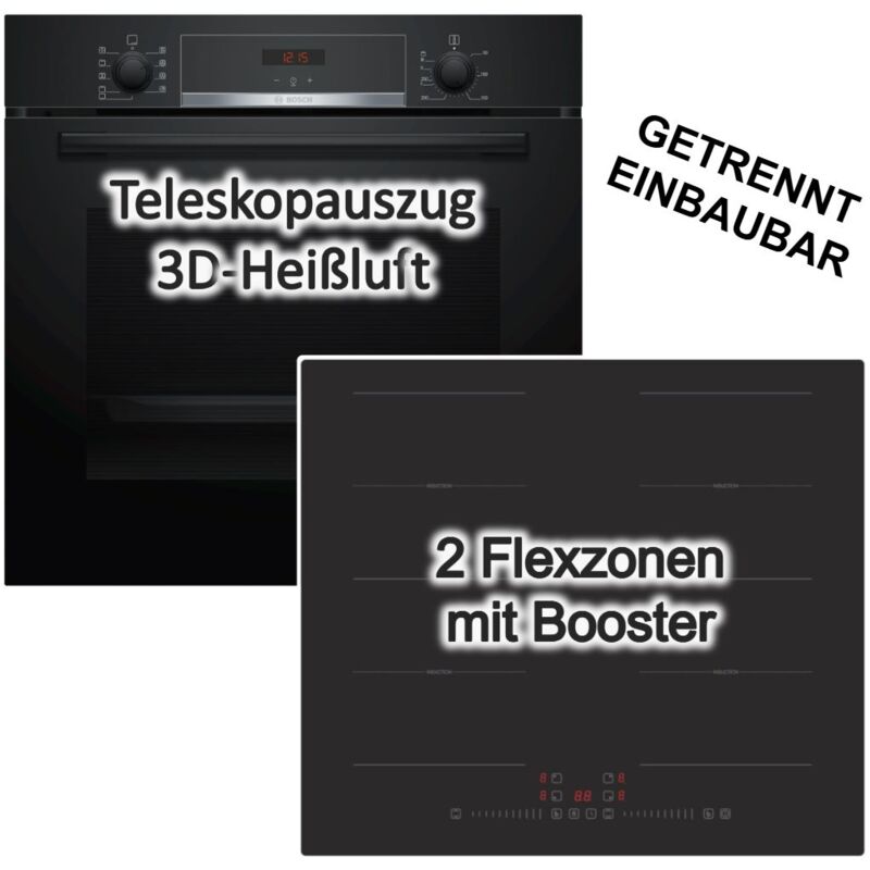 Bosch - herdset Backofen Teleskopauszug + pkm Induktionskochfeld - schwarz autark 60 cm